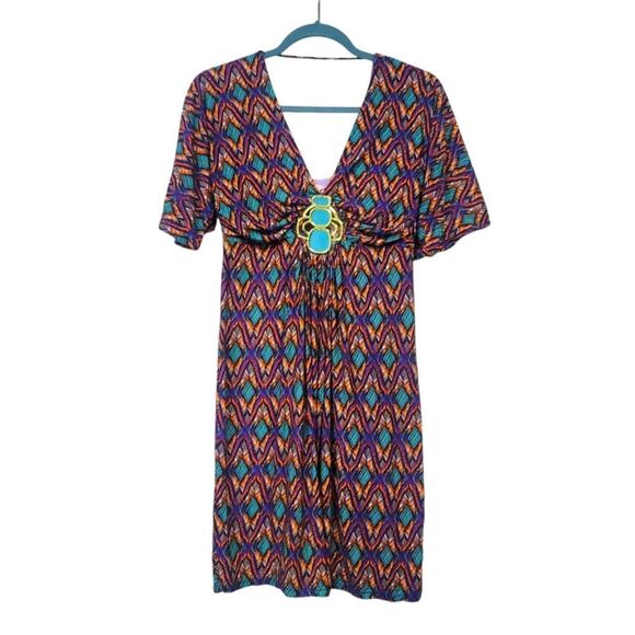 Umgee Multicolor V-Neck Dress with Geometric Pattern, Medium - Picture 1 of 8